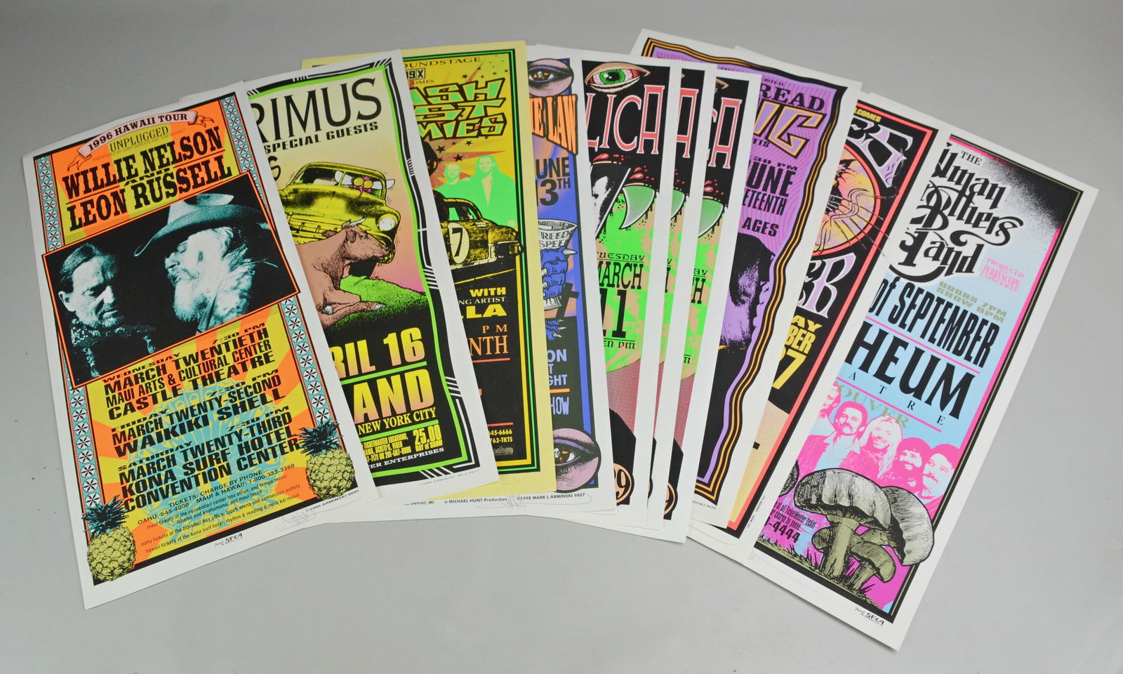 (11) Arminski Signed "Artist" Posters: (11) Arminski signed "Artist" concert posters, 1994-1998, bands to include The Allman Brothers, Blues Traveler, Widespread Panic, (3) Metallica, Primus, Willie Nelson