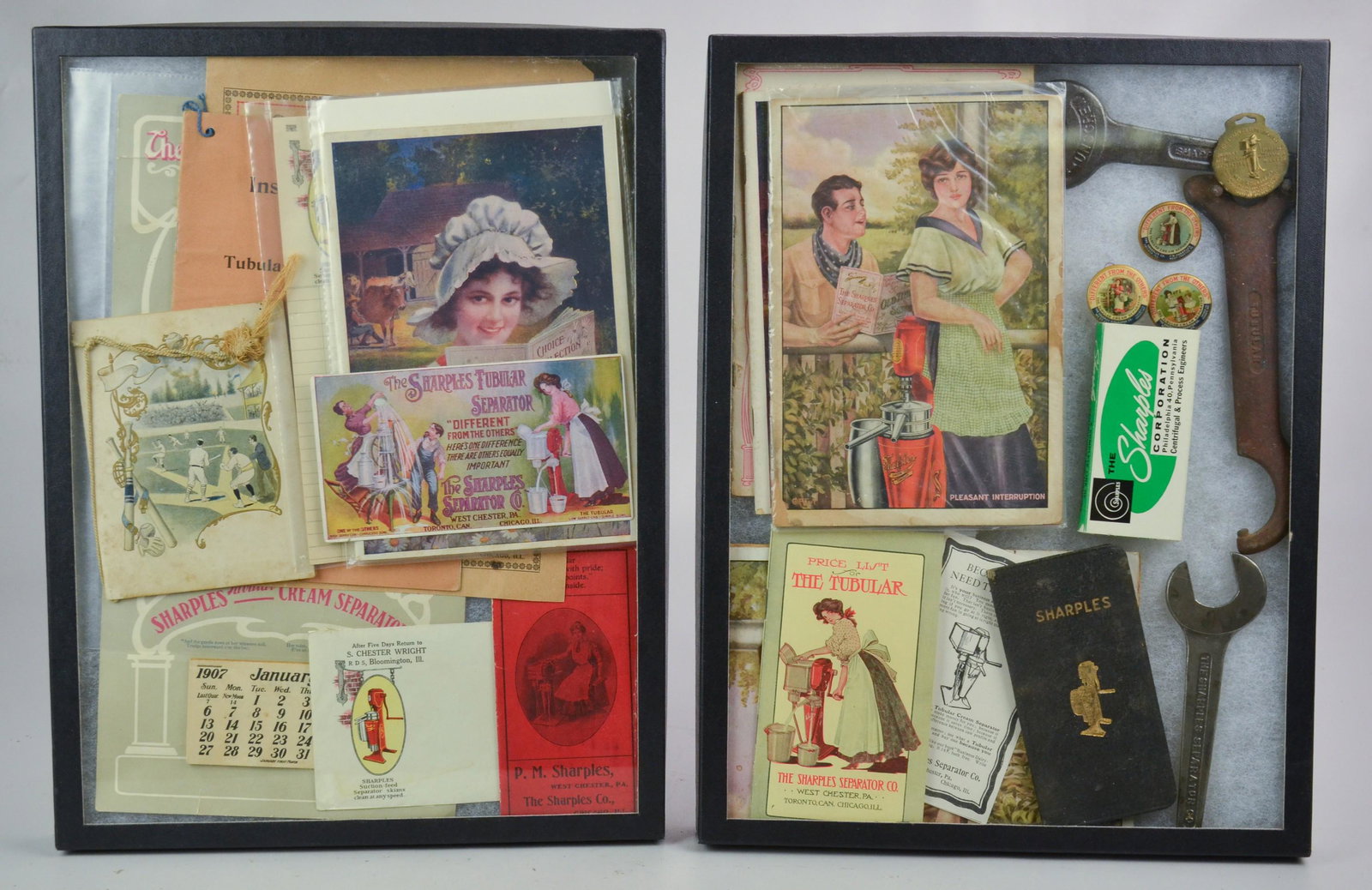 Lot of Sharples Separator Co Ephemera: Lot of Sharples Separator Co ephemera, West Chester PA, including pin back buttons, 1907 calendar, songbooks, watch fob, postcard, advertisements, wrenches, price list, instruction book, needle case, 