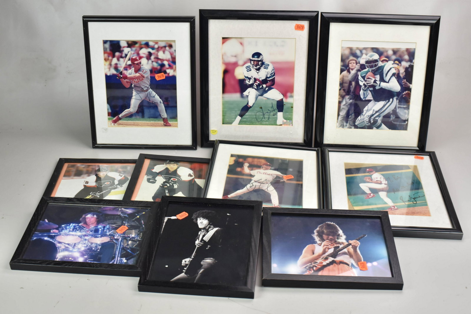 (10) Framed Photos, Athletes & Singers: (10) Framed 8" x 10" photos: (5) signed by pro athletes, to include Harold Carmichael (inscribed to "Rob"), Ricky Bottalico (inscribed to "Rob"), Curt Schilling, Scott Rolen, Irving Fryar; (5) framed 