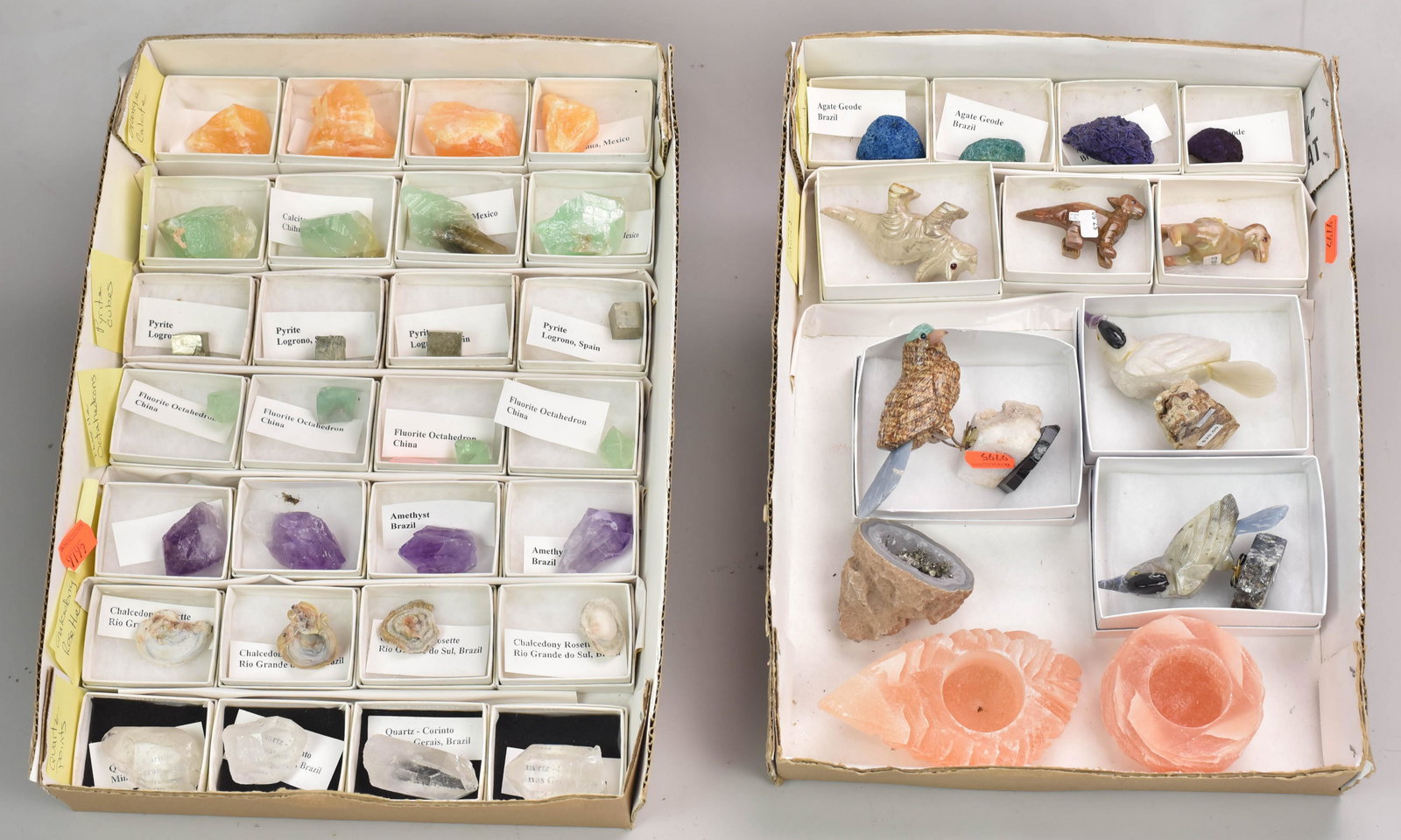 Mineral Section and Mineral Figurine Grouping: Mineral section and figurine grouping c/o (4) pieces of each Orange Calcite, Green Calcite, Pyrite, Fluorite, Amethyst, Chalcedony and Quartz, (4) Agate Geodes, (3) mineral bird figurines, 4", (3) Soa