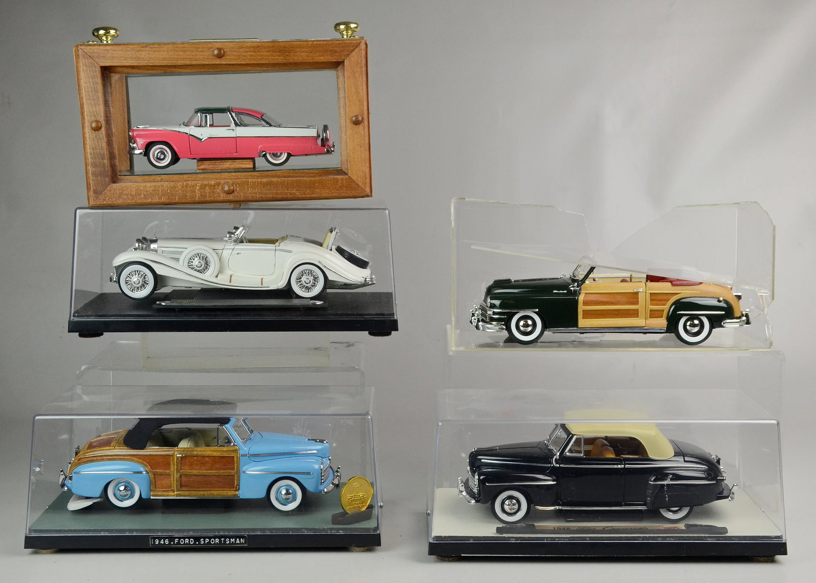 (5) Diecast Cars: (5) Diecast cars to include Woody Convertible, 1946 Ford Sportsman, 1936 Mercedes Benz 500K Typ Special Roadster, 1948 Ford Convertible and 1955 Ford Crown Victoria