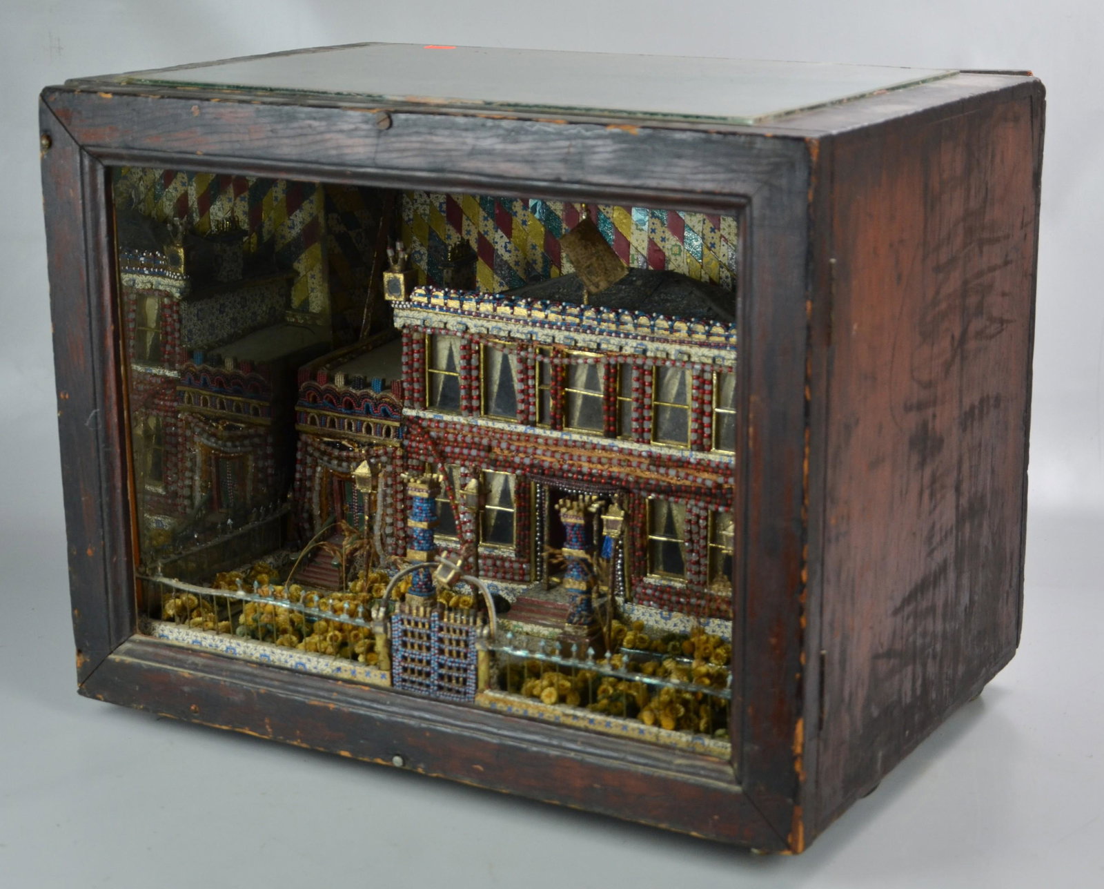 Wood Diorama of English Manor: Wood Diorama of English Manor with Sunflower Yard and Beaded Decoration, (23-1/2" l x 17" w x 18" h), (Glass Need to Be Reattached, Bottom Frame is Loose)