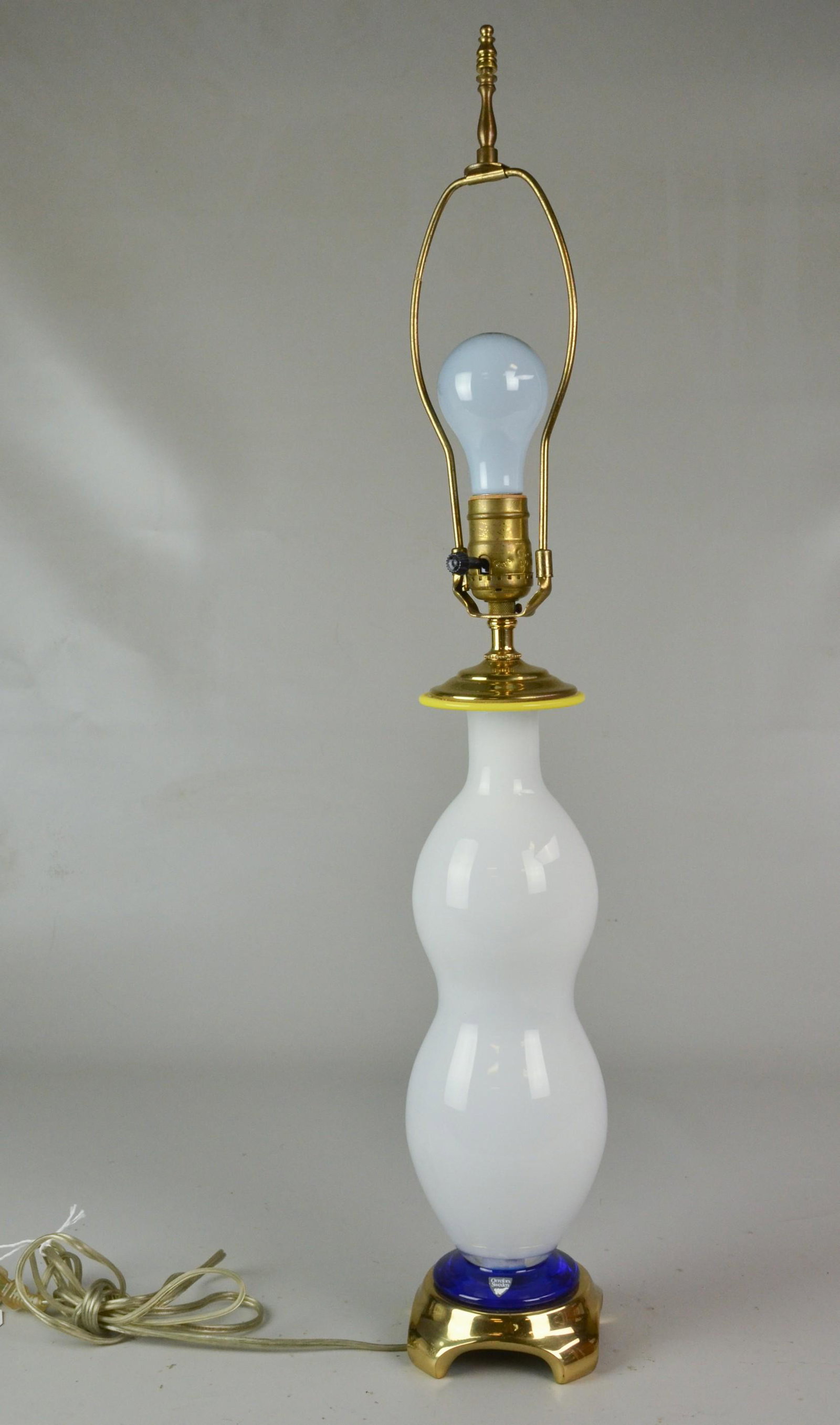 Orrefors Art Glass Lamp: Orrefors Sweden Art Glass Lamp with Bulbous Body and Blue Cobalt Base (28-1/2" h)