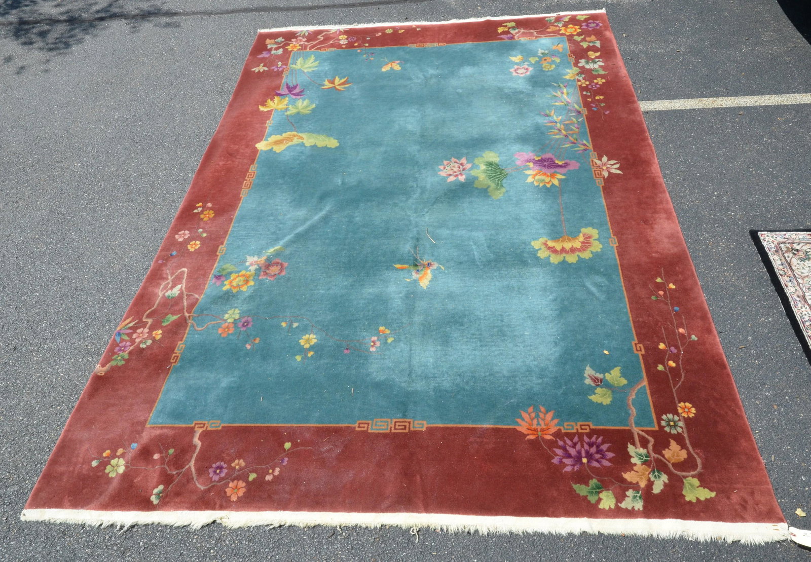 Art Deco Chinese Rug: 8'8" x 11'6" Nichols Chinese rug, c. 1930's, teal & salmon