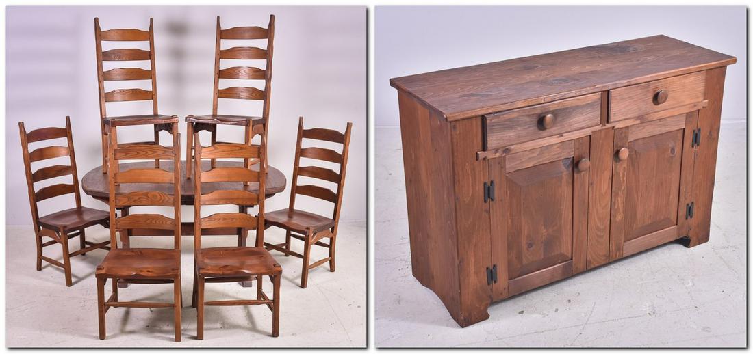 (8) pc Hunt Country Furniture Co dining set: (8) pc Hunt Country Furniture Co dining set, c/o oval trestle table, 6 ladder back chairs, buffet, table 30" h x 60" w x 45" d, three 12-1/4" w, wear and scratches