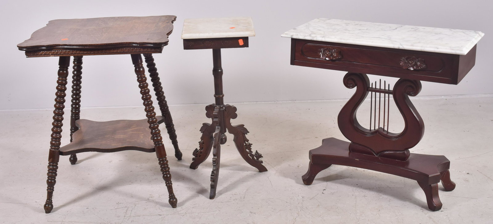 (2) Victorian tables, oak table: Victorian style marble top one drawer console, w/ lyre base, 28-1/2" h x 30" w x 15" d, Oak William & Mary style two tier table, 29" h x 23-1/4"square, Victorian marble top pedestal, 29" h x 12"square