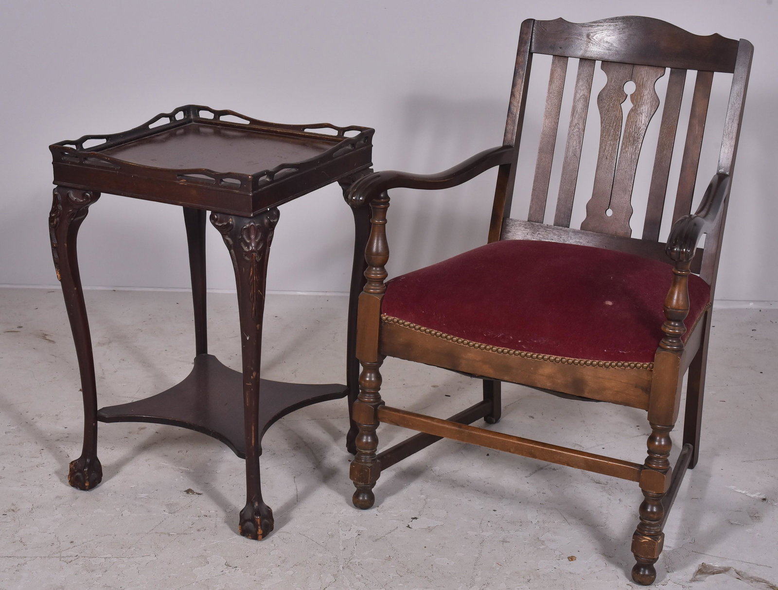 Walnut William & Mary armchair, Chippendale style side: Walnut William & Mary armchair, along with Chippendale style side table, 35-1/2" h, seat height 20" h