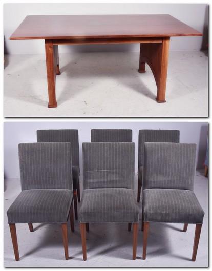 (7) pc Custom dining room set: (7) pc Custom dining room set, c/o dining table with pull out leaves, 6 side chairs with custom gray striped upholstery, 33" h x 71-1/2" w x 41-1/2" d, two 18" w boards