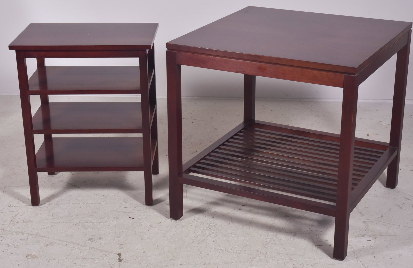 (2) Stickley side tables: (2) Stickley side tables, c/o one with 3 tiers 26" h x 20" w x 13-3/4" d, one with slatted bottom, 27" h x 27"square