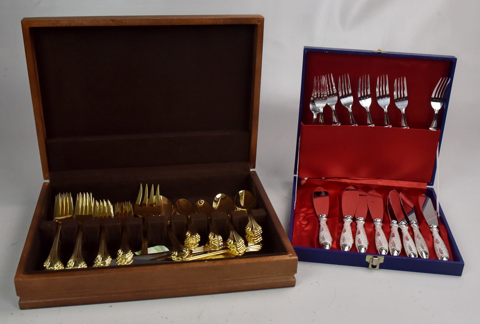 (64) Piece Royal Gallery Flatware Set and (16) Piece: (64) Piece Royal Gallery Korea Gold Tone Flatware Set Including: (12) Dinner Knives, (12) Table Spoons, (12) Tea Spoons, (2) Serving Spoons, (1) Serving Fork, (12) Dinner Forks, (12) Salad Forks, (1) 