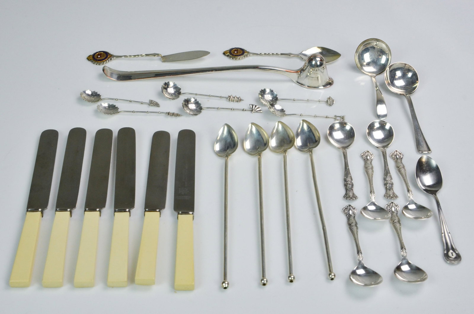 Sterling & Silver Plate Flatware: Sterling & silver plate flatware, c/o (4) sterling mint julep straw spoons, (6) sterling Asian form demitasse spoons, 1.950 TO, silver plate candle snuffer, 6 Rogers demitasse spoons, (2) RMS Doric cr