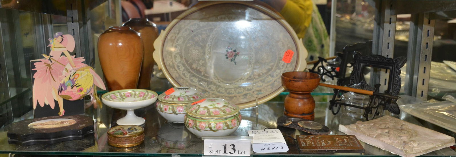 Shelf #13 - Dresser & Desk Items: Shelf #13 - Dresser & desk items, including needlepoint & lace inset bakelite tray, 3-piece Nippon dresser set, wood pounce pot sand shaker, inkwell with cast iron frame & pen, turned wood vase signed