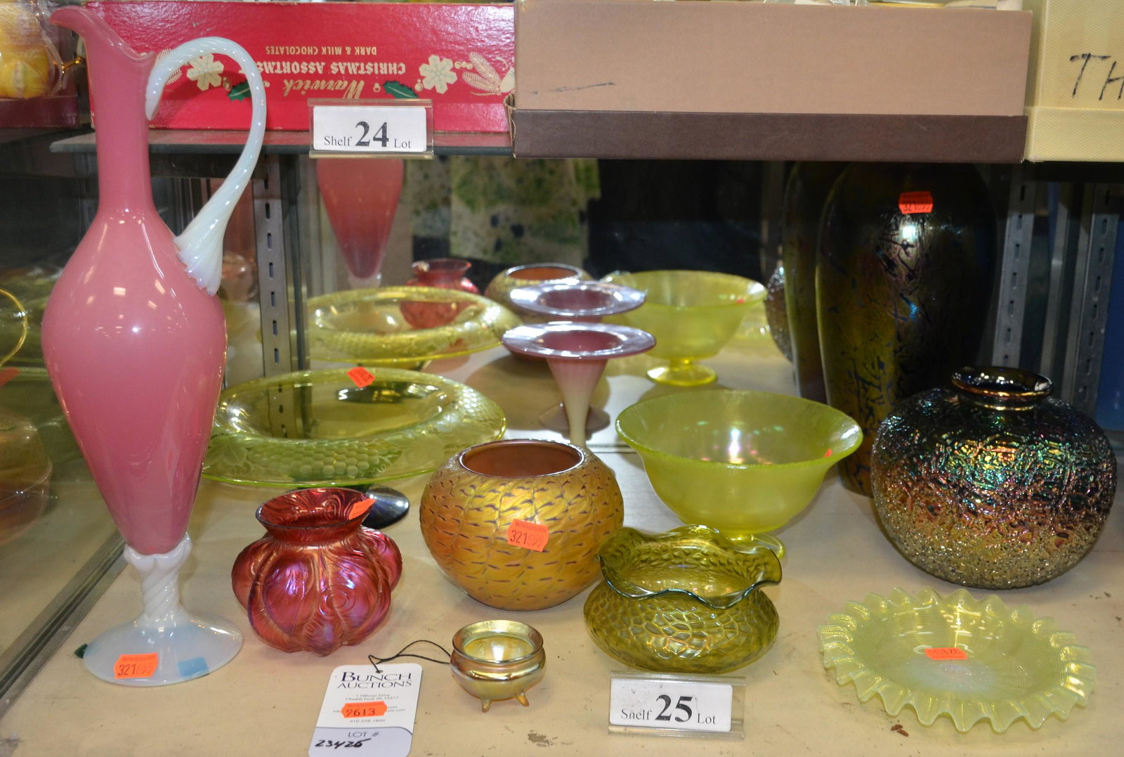 Shelf #25 - (11) Pcs. Art Glass: Shelf #25 - (11) Pcs. art Glass c/o Pairpoint etched green bowl w/blue foot, Pairpoint vase, Imperial stretched green bowl, (3) contemporary vases, tall pink and white ewer (prob. Czech), (2) pink & g