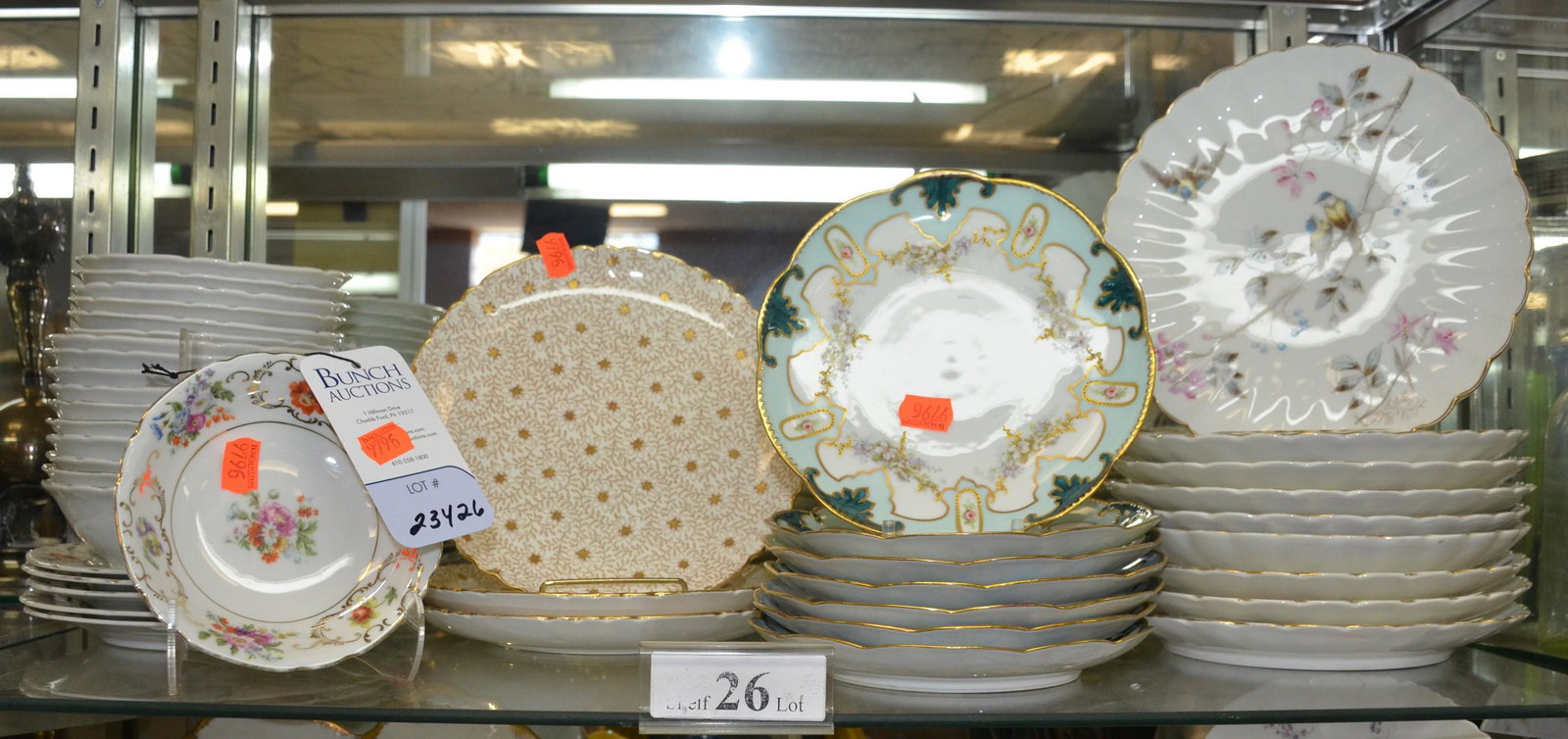 Shelf #26 - Porcelain Plates & Bowls: Shelf #26 - Porcelain, c/o (9) Bird plates, marked " hT" or "TH", (7) AK France Partridge & Richardson plates, (3) Mintons allover gold floral plates, (22) pcs Victoria Czechoslovakia dinnerware