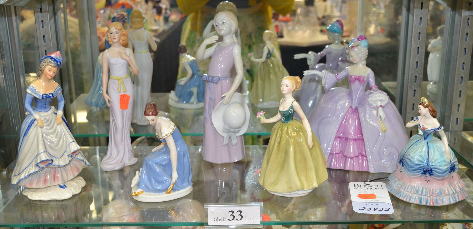 Shelf #33 - (7) Porcelain Figures: Shelf #33 - (7) Porcelain figurines, including KPM, Royal Dux, Goldcrest Ceramics Rendezvous & Cotillion, Capodimonte, Renaissance Petite Ladies Melissa, Franklin Porcelain Marianne The Minuet, talles