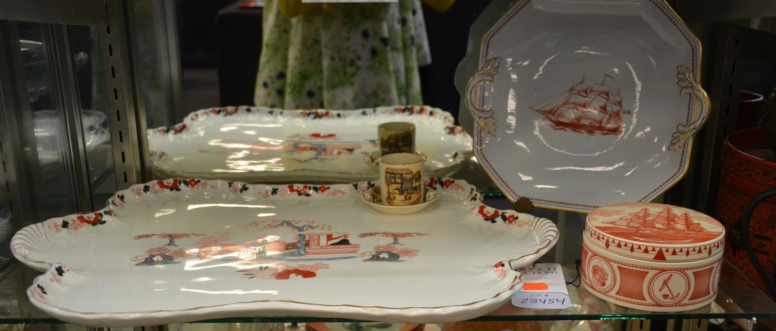 Shelf #54 - Porcelain Collectors Grouping: Shelf #54 - Porcelain collectors grouping c/o English platter decorated in a Japanese style, 22", Spode double handled serving plate, "Ship Pepperell" 10.5", Wedgwood Collector Society covered box wit