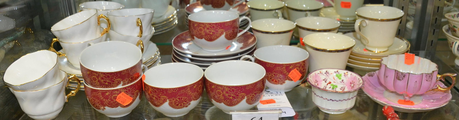 Shelf #64 - Lot of Teacups and Saucers: Shelf #64 - Lot of Teacups and Saucers Including: Minton St. James, Queens, Rosina White with Gold Trim