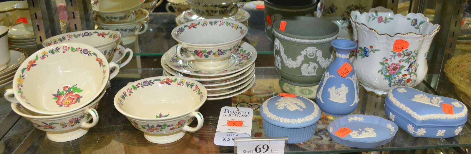 Shelf #69 - Wedgewood and Ansley Lot: Shelf #69 - Wedgwood Colonial Harlech Dinnerware Including: (6) Cream Soup Bowls, (6) Cream Soup Saucers, Wedgwood Green Jasperware Lion Head Planter, Wedgewood Blue Jasperware Heart Dresser Box, Roun