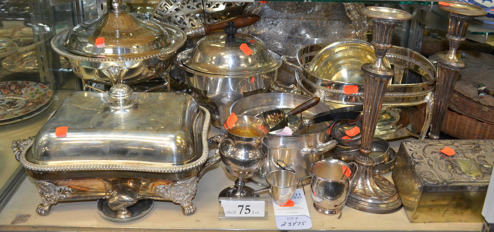 Shelf #75 - Silver Plate: Shelf #75 - Large lot of silver plate, including trays, expanding trivet, chafing dishes, ice bucket, embossed box, sauce boats, Fracalanza measure
