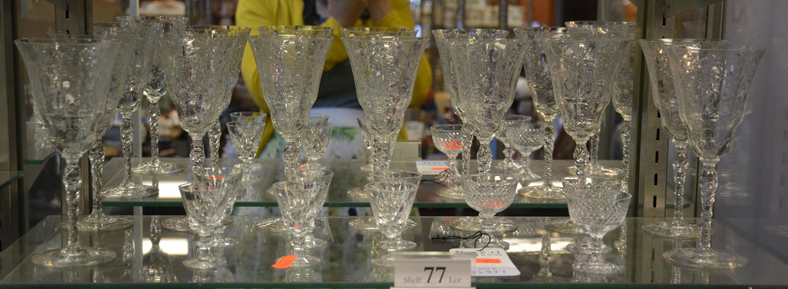 Shelf #77 - Crystal Stemware: Shelf #77 - (9) Etched Crystal Wine Glasses, (6) Crystal Cordials, (3) Crystal Cordials