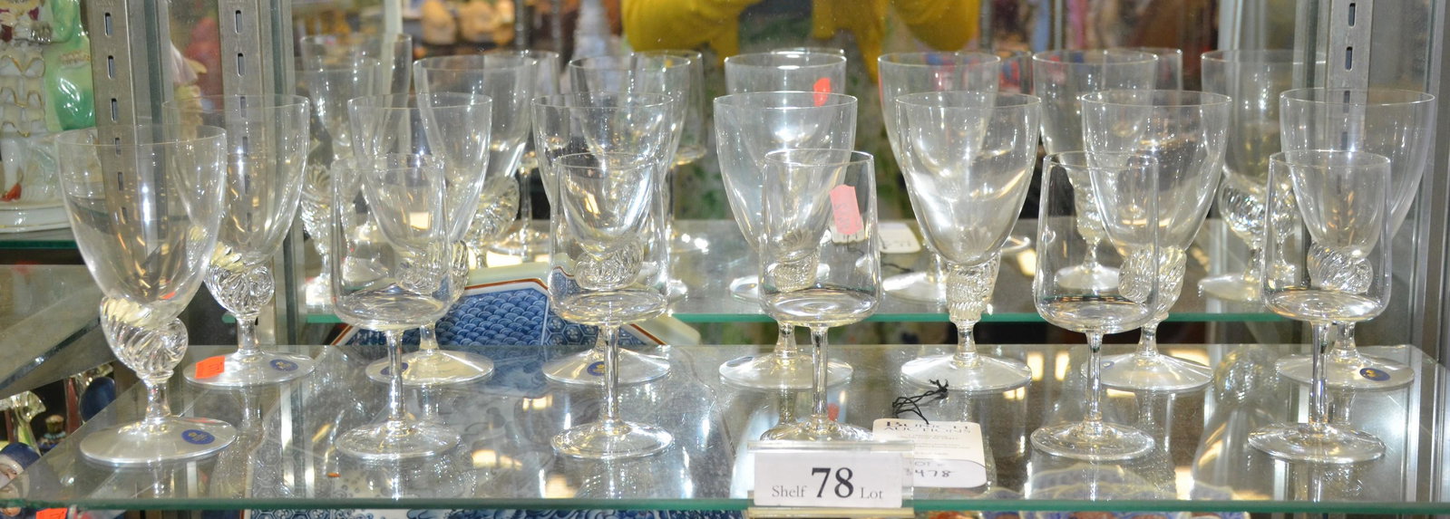 Shelf #78 - Crystal Wine Glasses: Shelf #78 - (7) Royal Copenhagen Nautilus Crystal Red Wine Glasses, (5) Crystal White Wine Glasses