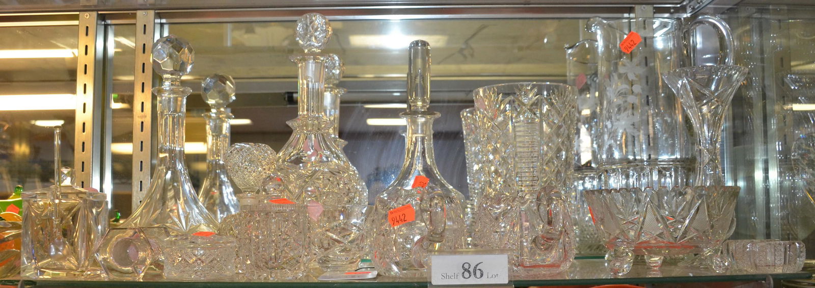 Shelf #86 - Crystal and Glassware: Shelf #86 - Cut Crystal Including: Waterford Clare Vase (8" h), Waterford Dresser Box, Samobor Ships Decanter, Decanter, Sugar, Creamer, Condiment Holder, Toothpick Holder, Glass Including Floral Pitc
