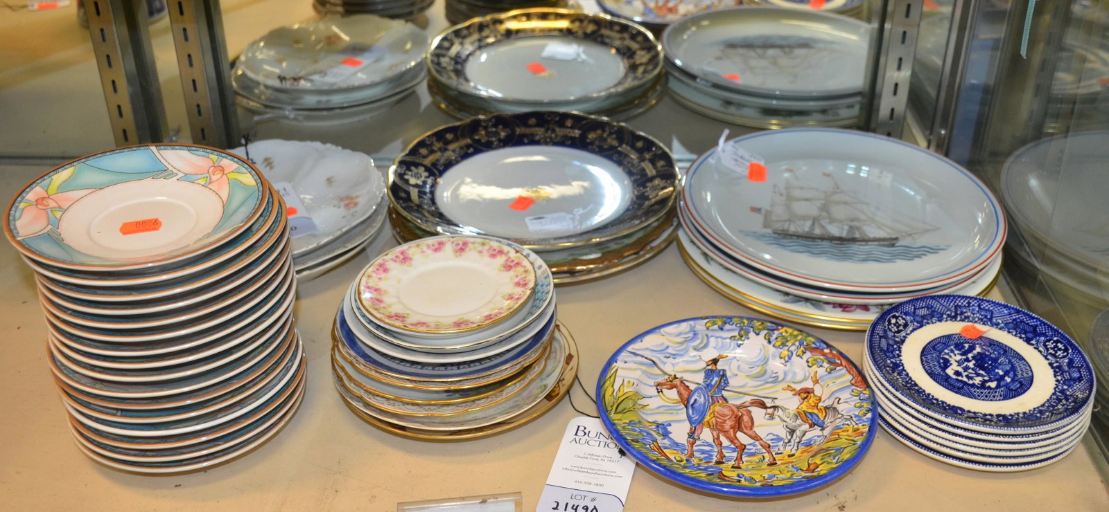 Shelf #90 - Porcelain Plates: Shelf #90 - Porcelain Plates Including: (2) Mottahedeh Ship Plates, (2) Wedgwood Charnwood Plates, Bavaria, Austrian, Nippon, Japanese Stoneware, Oyster Plate