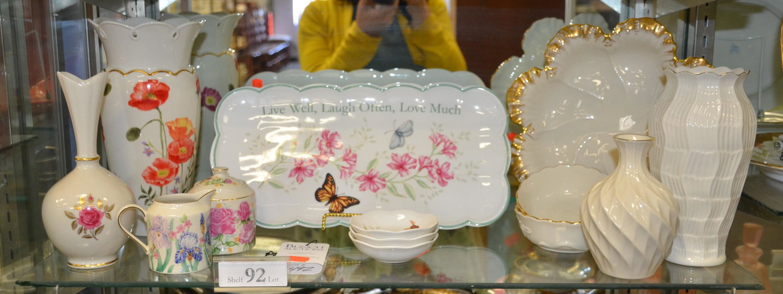 Shelf #92- Porcelain and Lenox Grouping: Shelf #92-Porcelain and Lenox grouping c/o Belleek vase, 8", Lenox rose vase, 8", Lenox textured vase, 6", Lenox Flower Blossom cream and sugar, (2) low lenox bowls, 4.5", Lenox ruffle edge bowl with 