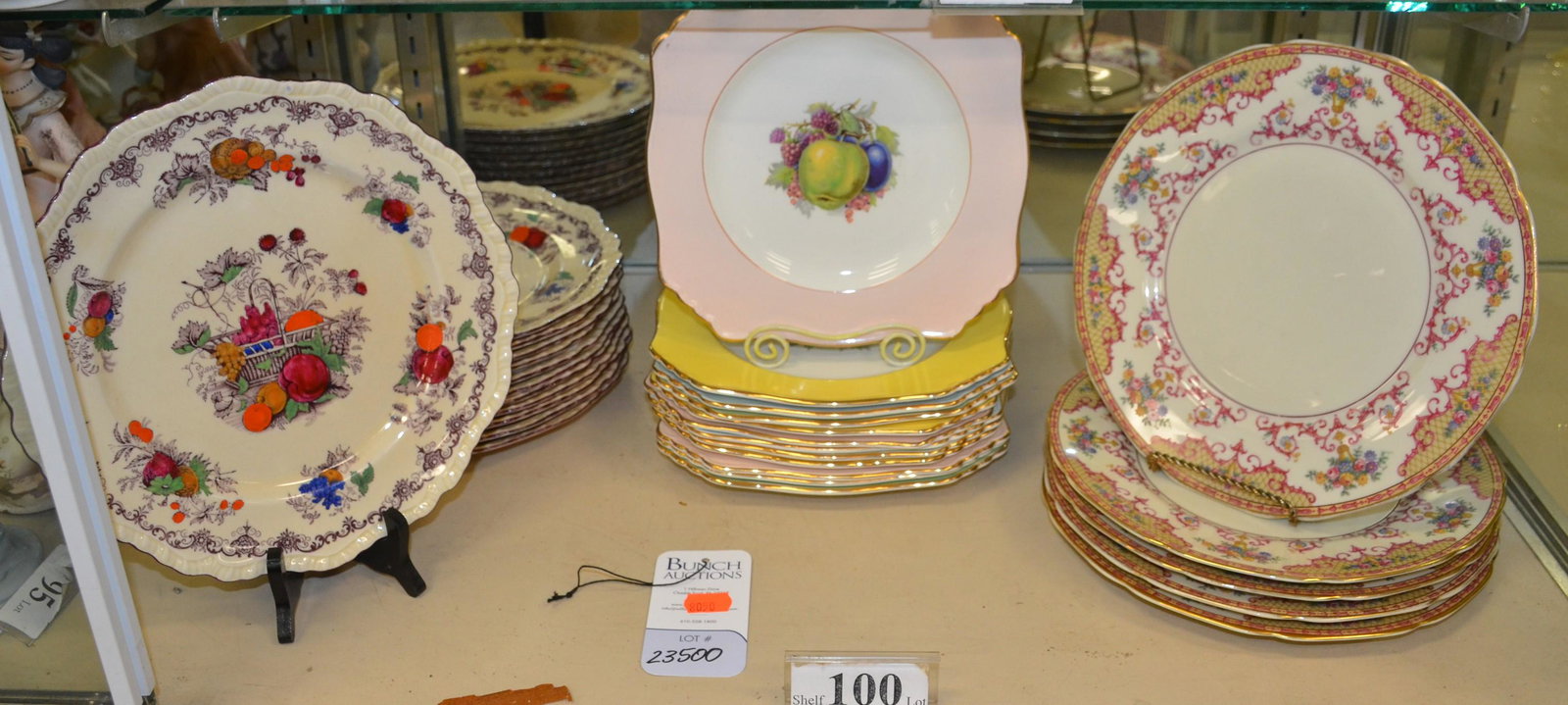 Shelf #100 - H&C Selb Bavaria, 1914 Masons and Royal: Shelf #100 - Selb, Masons and Royal Winton plate sets c/o (5) H&C Selb Bavaria Heinrich and Co. pattern HC22, (12) Royal Winton fruit design dessert plates and (12) 1914 Mason's Ironstone fruit decora