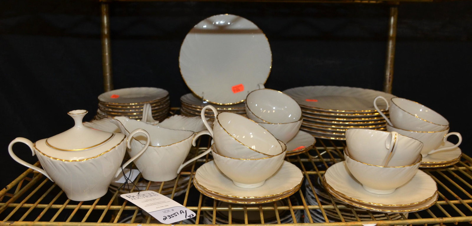 (43) Pcs Lenox Laurent Dinnerware: (43) Pcs Lenox dinnerware, Laurent pattern, c/o 8 dinner plates, 8 salad plates, 8 B&B plates, 8 teacups, 8 saucers, sugar, creamer, divided leaf dish