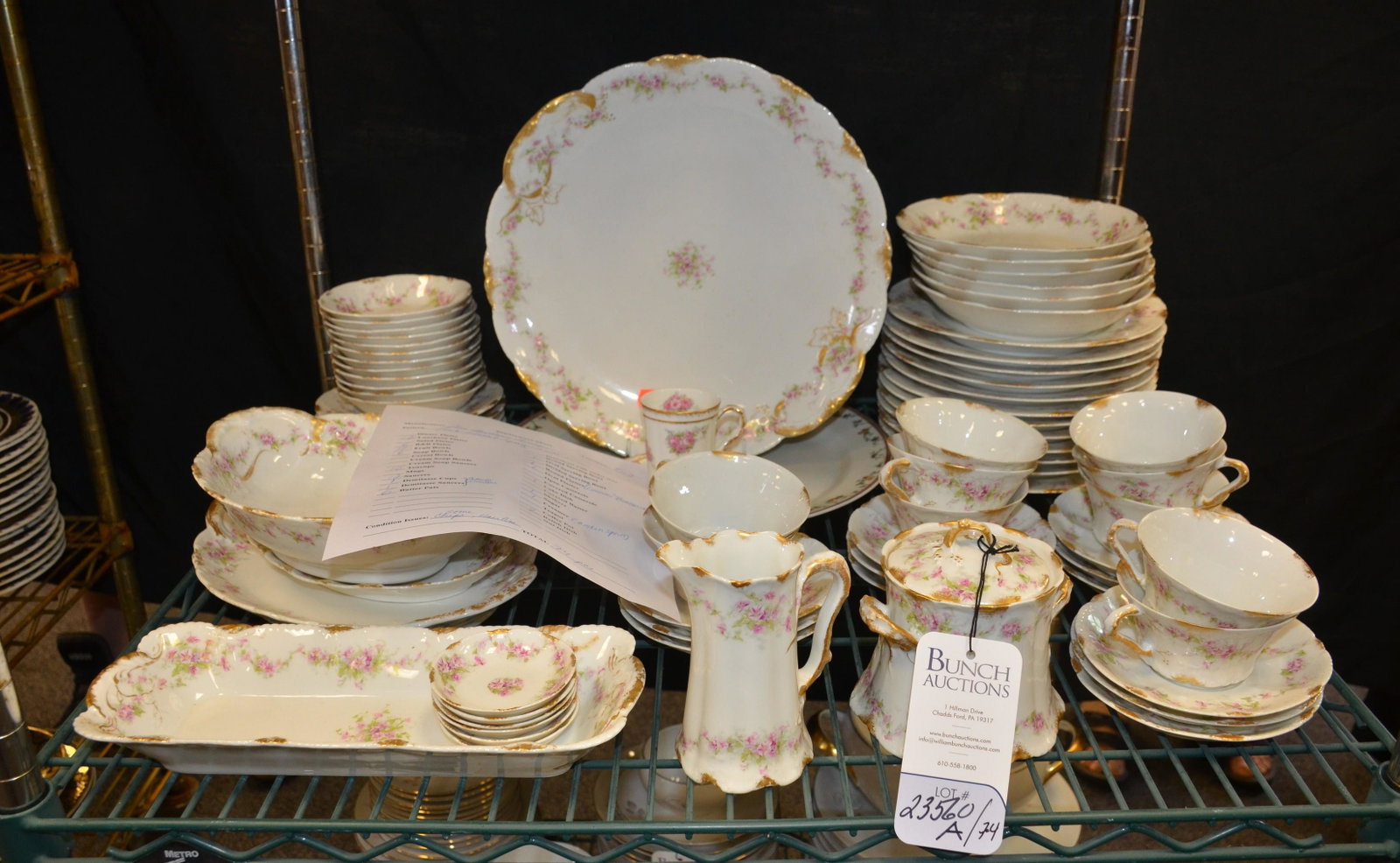(74) Pcs. Theodore Haviland Limoges Pink Floral China: (74) Pcs. Theodore Haviland Limoges China with pink floral sprays c/o (12) luncheon plates, (6) B&B plates, (12) fruit bowls, (6) soup bowls, (10) teacups, (12) saucers, (6) butter pats, (1) oval serv
