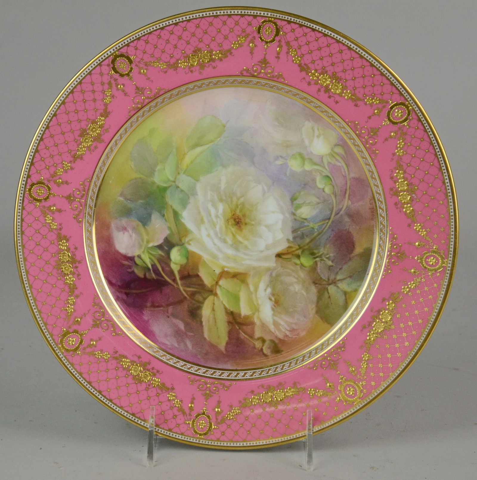 Lenox WH Morley Floral Plate: Lenox porcelain plate, white roses hand painted & signed by WH Morley, pink border with gold embellishment, 10-3/8" dia