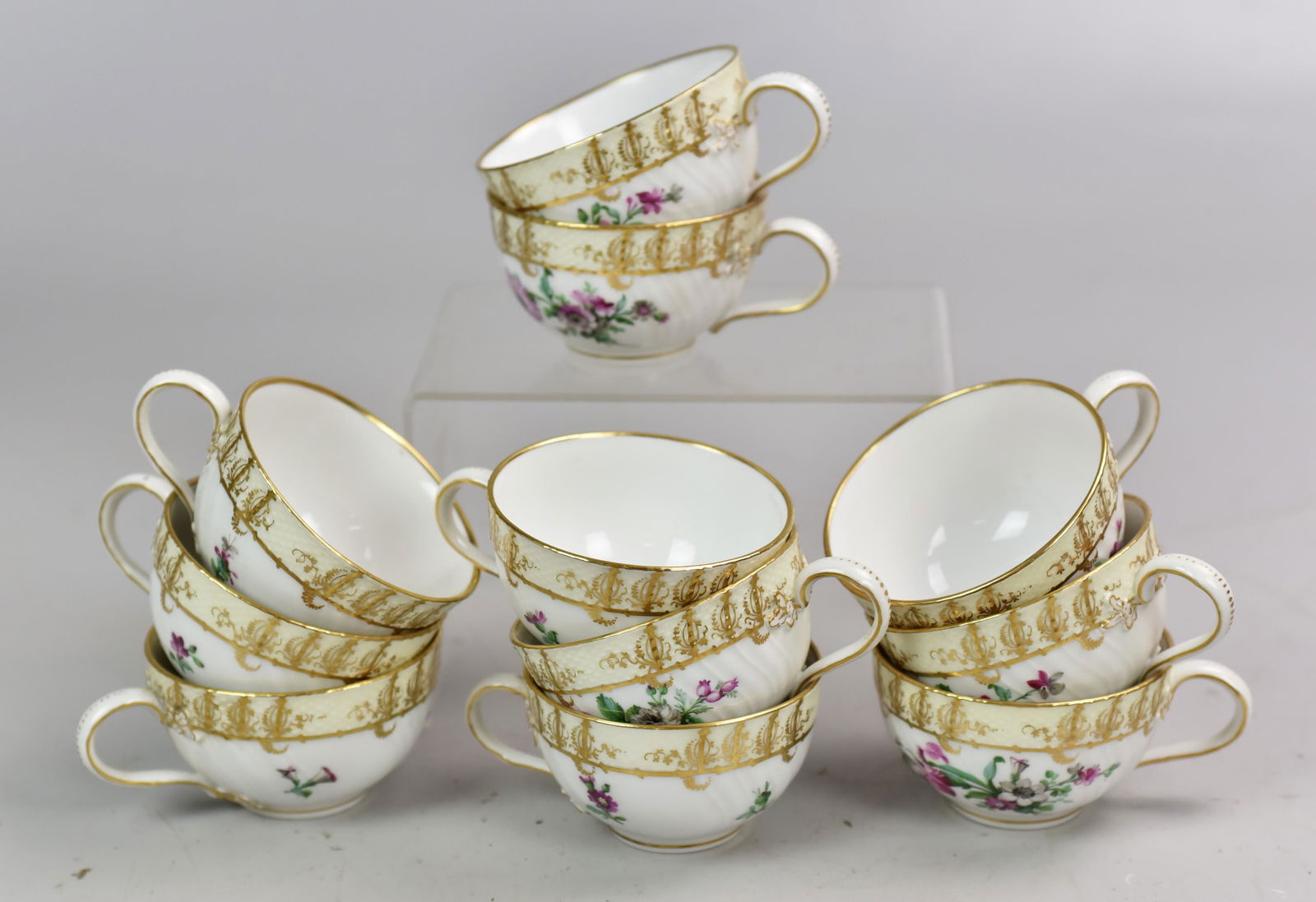 (11) KPM Teacups with Red Flowers: (11) KPM Teacups with Red Flower and Gold Gilt Decoration