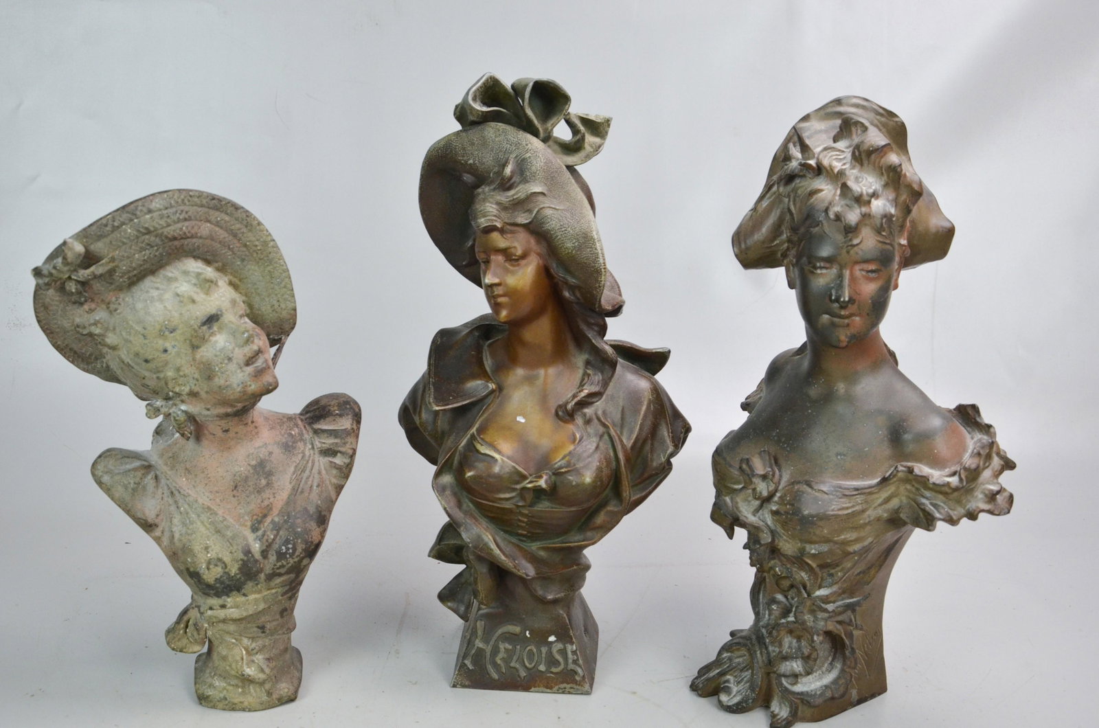 (3) Spelter Women Bust Sculptures: (3) Bronze patinated spelter woman bust sculptures, c/o Antoine Joseph Nelson Van Den Kerckhove (1849 - c 1910) "Buste einer jungen Dame mit Kopfschmuck" (Bust of a young lady with headdress), Heloise