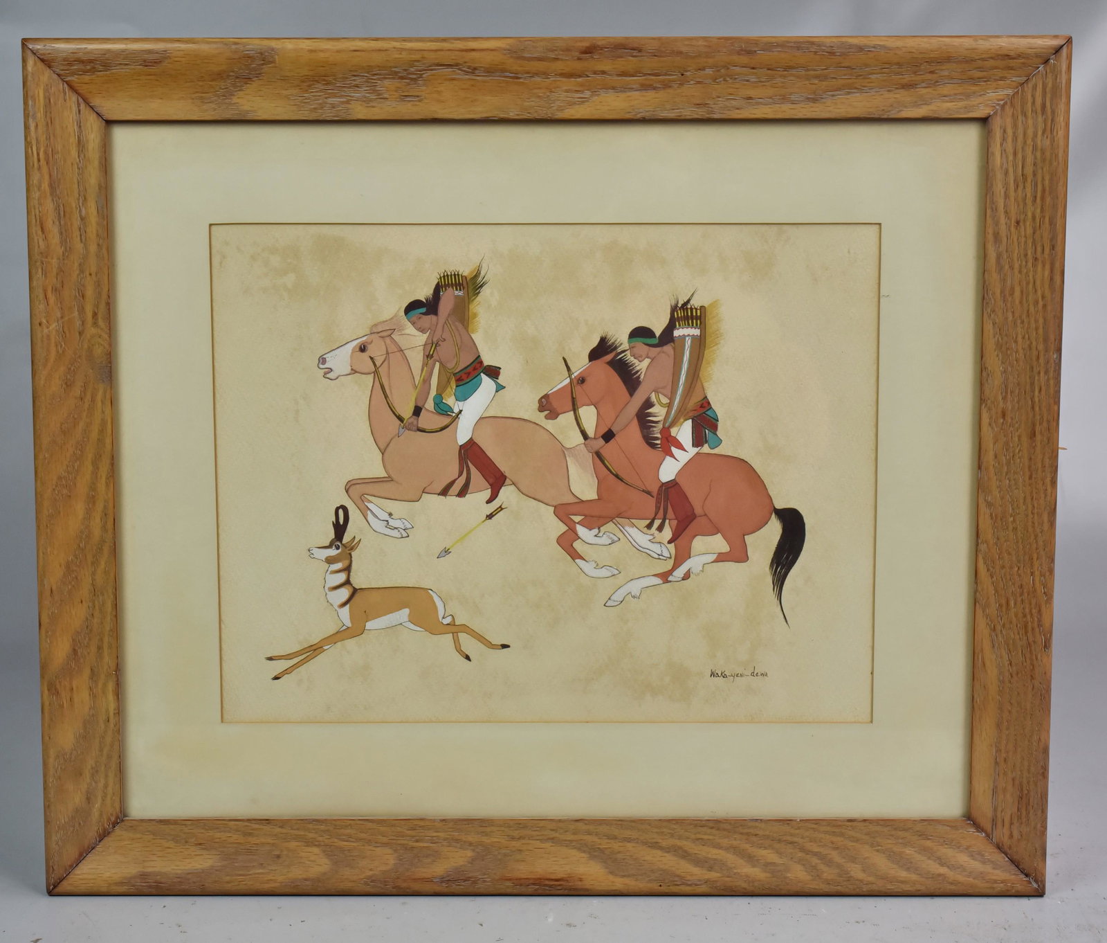 Ignacio Maquino Native American Painting: Ignacio Maquino, 20th C. American, Native American painting " deer Hunt", signed with his Native American name " waki-Yeni-Dewa", watercolor on paper, 9-1/2" x 12-1/2" sight, framed 16-1/4" x 19-1/4",