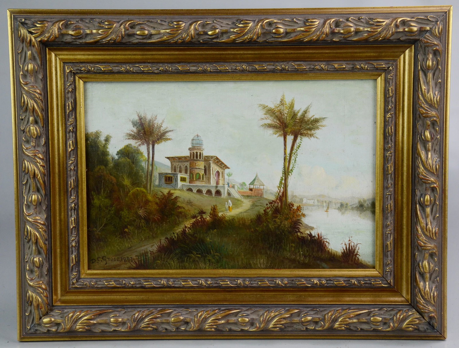 Daniel Grose Orientalist Landscape Painting: Daniel Grose (American, 1838-1900) Orientalist landscape painting, oil on canvas, signed " d. C. Grose 1893", mounted in later frame, 8" x 12", framed 13" x 17", good condition, 2 small repairs