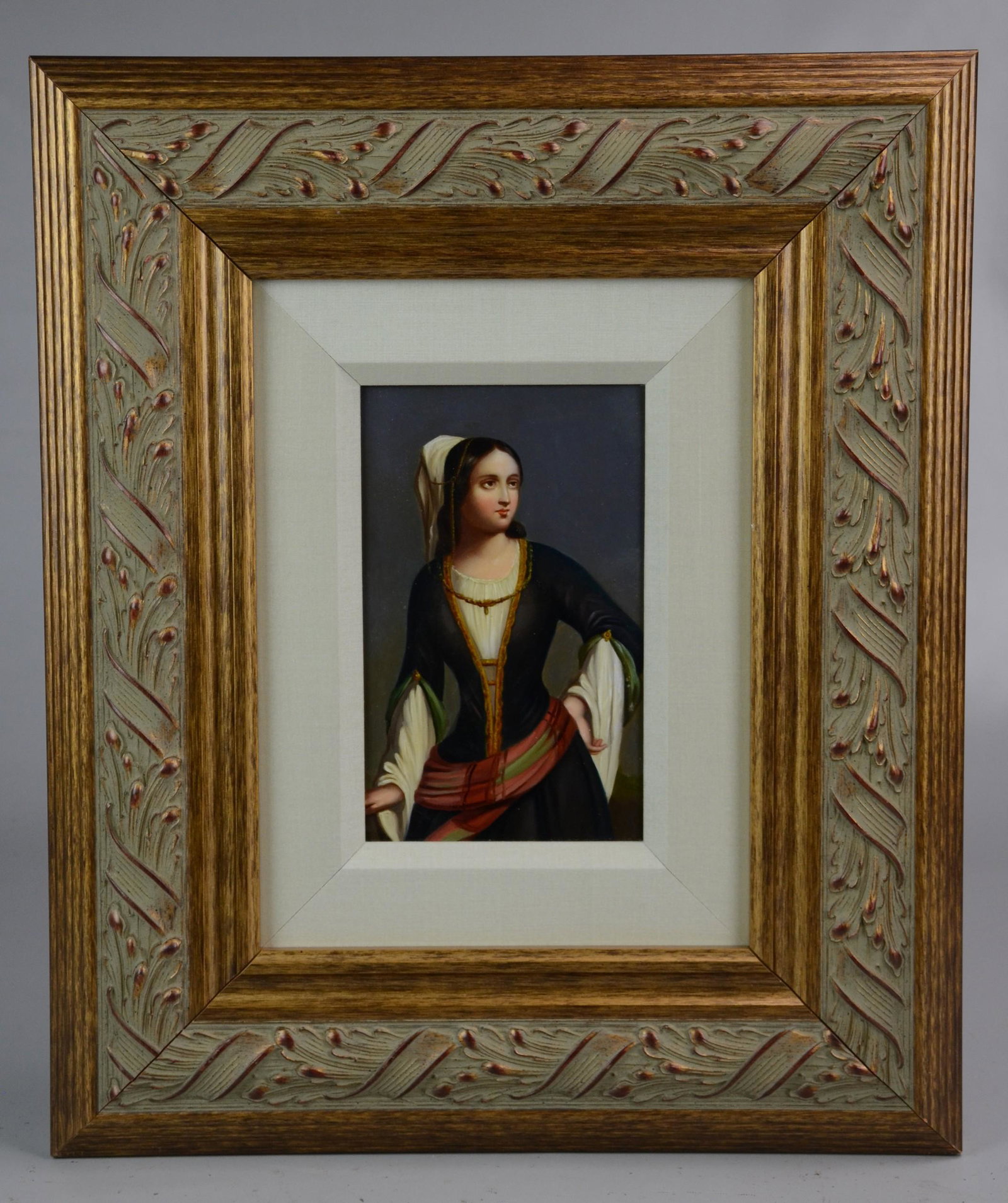 19th C. Painting on Tin Young Maiden: 19th C. painting on tin of young maiden, oil on tin sheet, unsigned, 8-1/4" x 5-1/4", framed 18-1/8" x 15-1/8", excellent condition