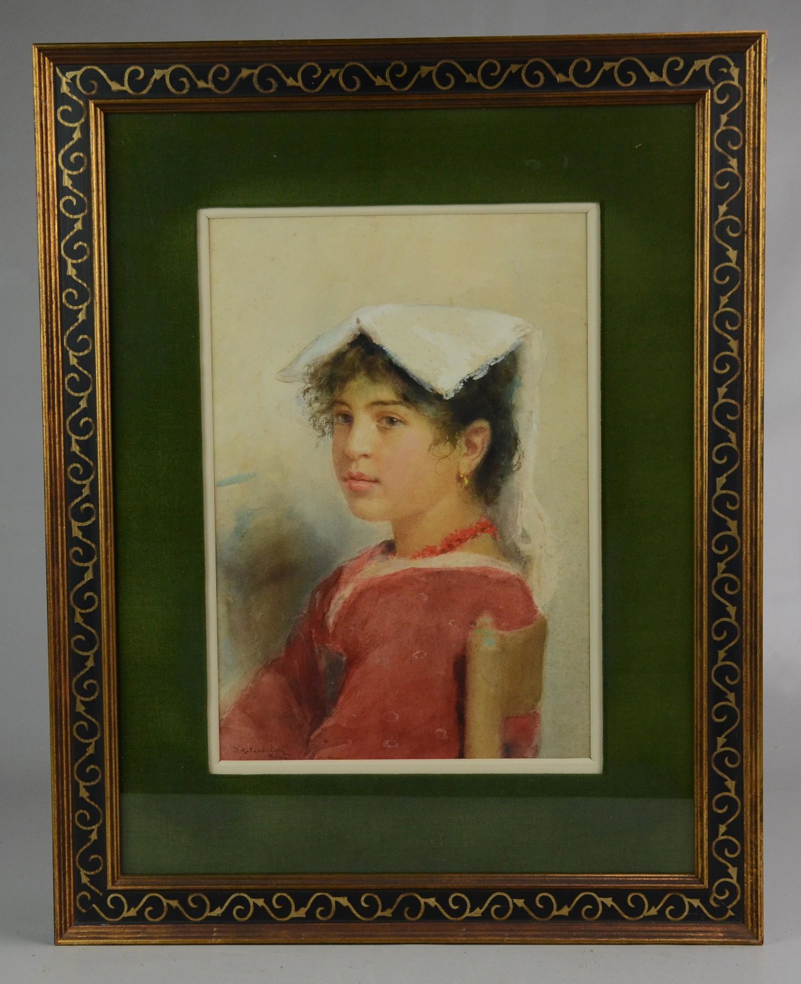 F. Koterbischi Watercolor Portrait of Young Girl: F. Koterbischi, 19th C. Italian, watercolor portrait of young girl, watercolor on paper, signed "F. Koterbischi Rome", 13-1/4" x 9" sight, framed 21-3/4" x 17-1/4", good condition with foxing spots