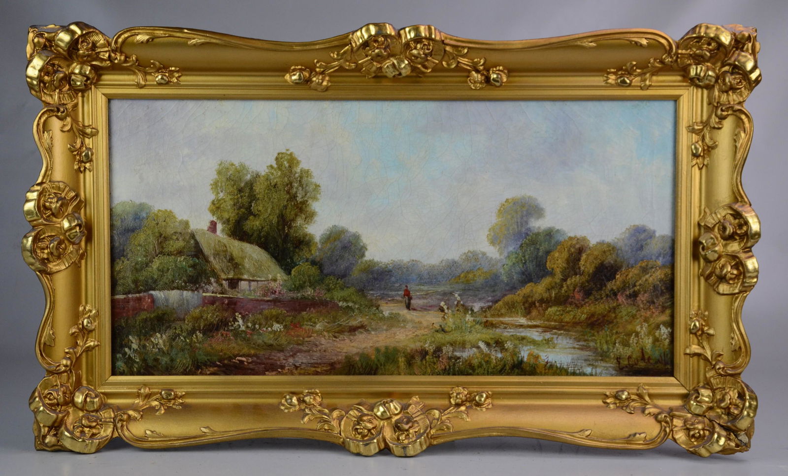 Edwin Cole Painting English Landscape w/Cottage: Edwin Cole 19th C. painting of English landscape with cottage, oil on canvas, signed "E. Cole", 12" x 24", framed 18" x 30", good condition, age cracking, frame repainted, minor gesso damage