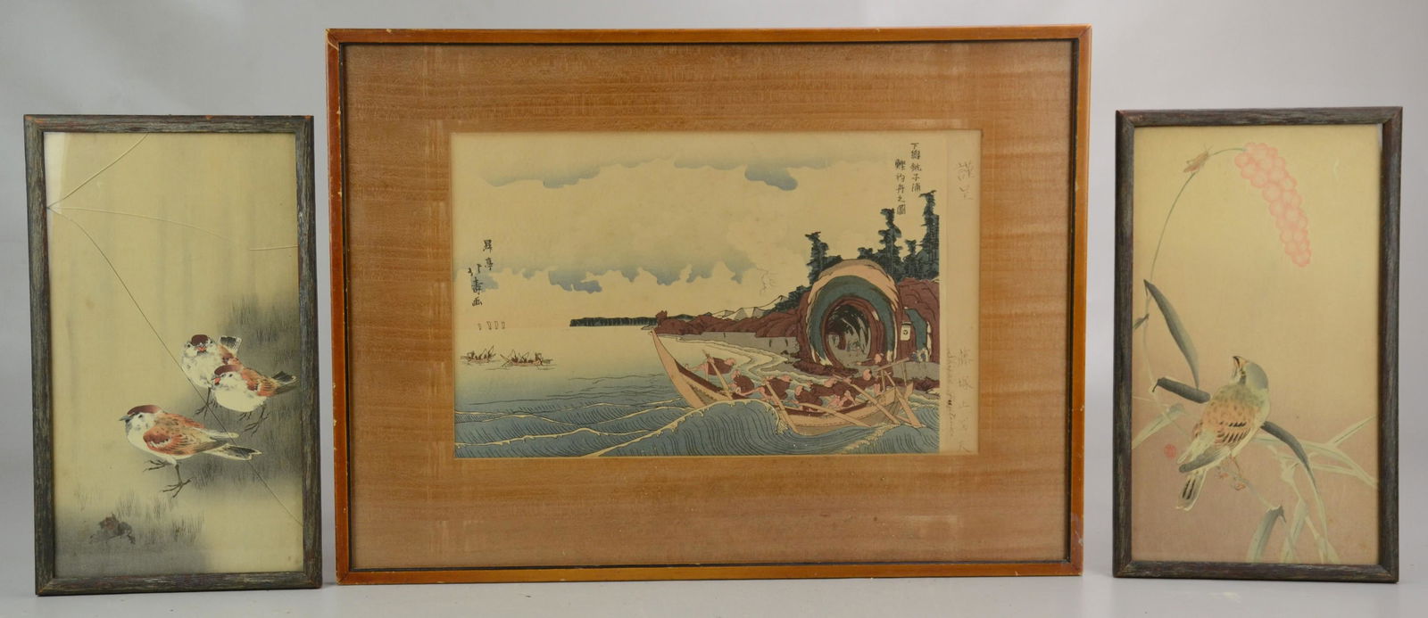 Japanese Woodblock Print & (2) Paintings: Japanese woodblock print & (2) paintings: woodblock print depicting men in boat, 9-3/4" x 15" sight, framed 16-3/4" x 22-3/4"; (2) paintings of birds, watercolor on paper, framead 14-1/4" x 18-1/4", g