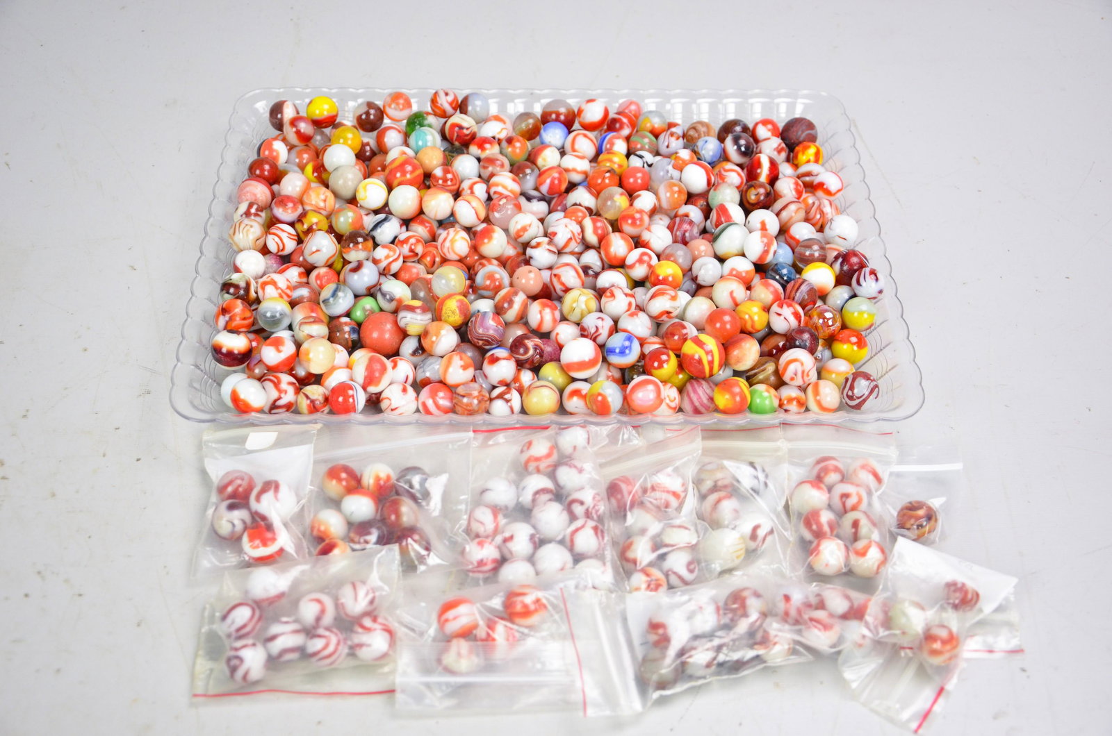 Large Lot of Marbles: Large lot of vintage marbles, approx 5/8" dia, most machine made, some with condition issues