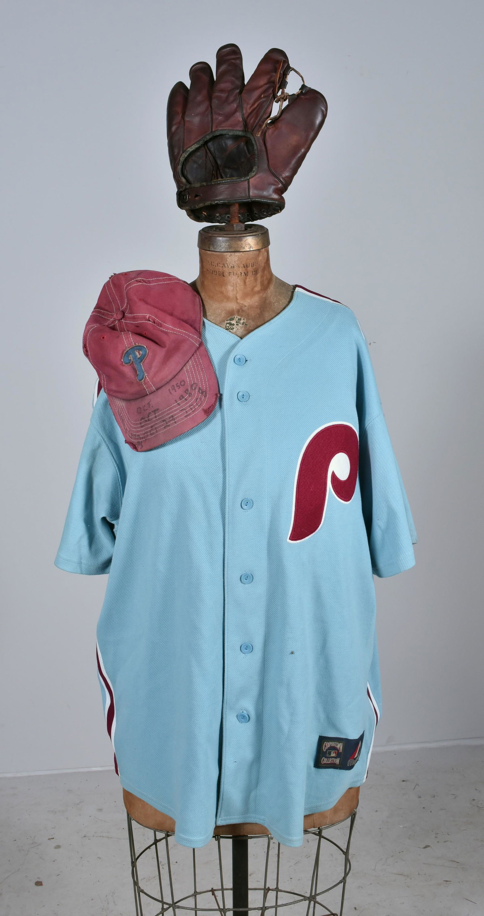 Baseball and Military Items: Mike Schmidt Majestic Cooperstown Collection Powder Blue Philadelphia Phillies Jersey, Phillies Fitted Hat, GC Alexander Baseball Glove Model 1676, Two Military Hats
