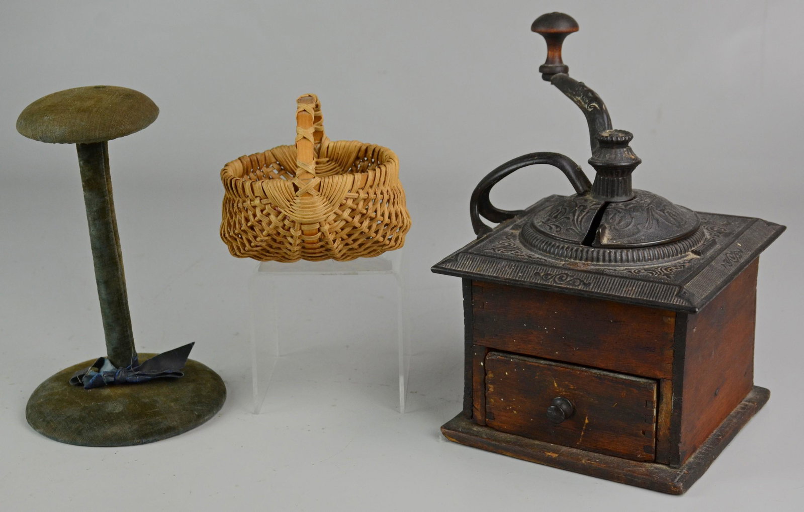 Miniature Butt Basket, Coffee Mill, Hat Stand: (3) Pcs, c/o miniature oak splint rib buttocks basket, 5" x 4" x 4-1/2" h, cast iron & wood coffee mill grinder with dovetailed drawer, 9-3/4" h, velvet covered hat stand, 8-1/2" h