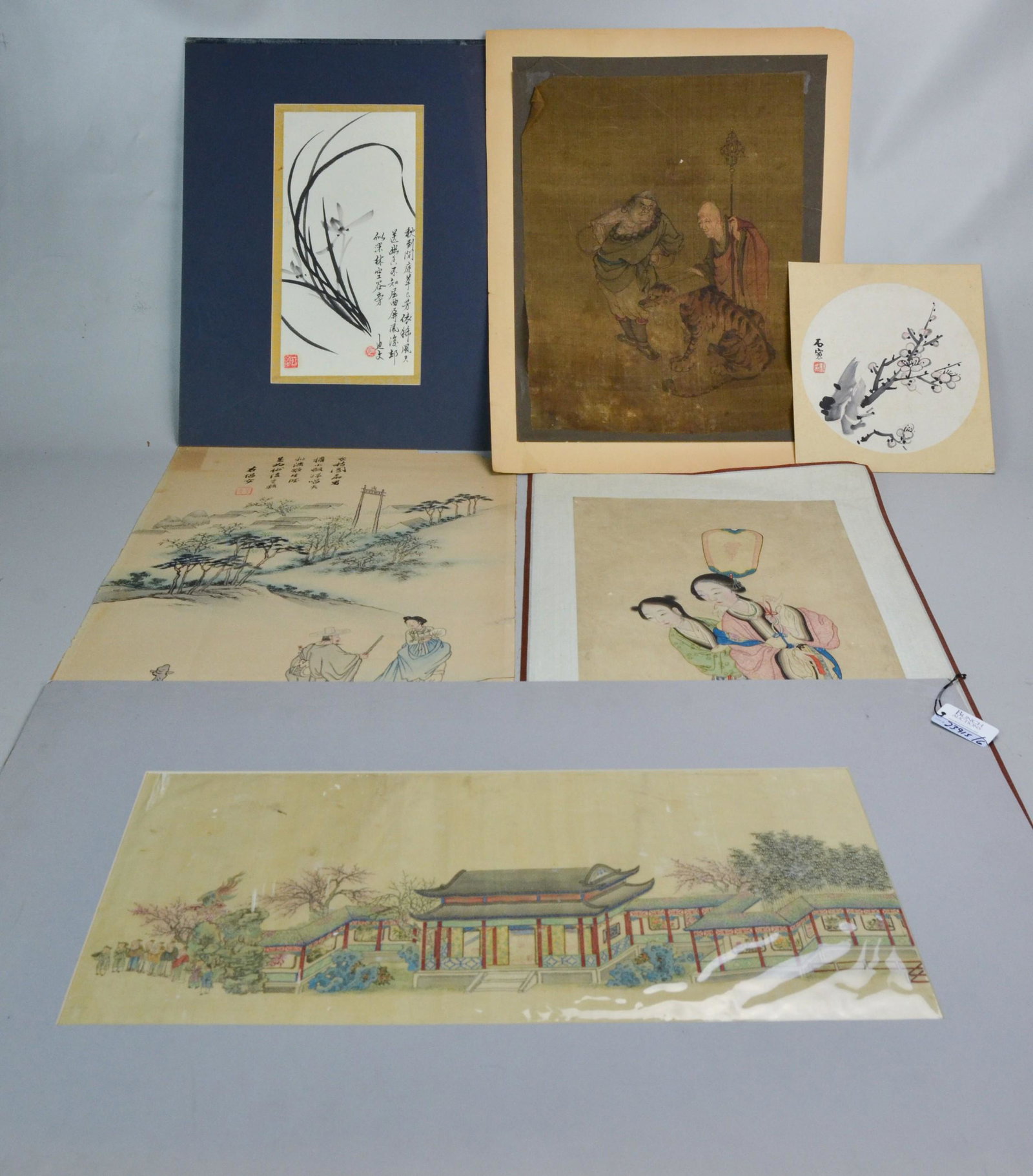 (6) Unframed Pcs. Asian Art: (6) Unframed pcs. Asian art c/o Korean silk painting of figures and tiger, (2) Chinese paintings, (2) Sumi drawings and a panel w/figures, largest overall 19" x 32"