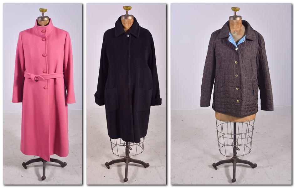Wool Coat Grouping: Wool coat grouping c/o Max Mara Armonia raspberry coat with bauble buttons, Coach monogram quilted cropped jacket and black wool coat.