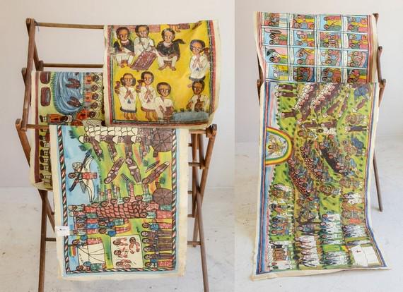 5 Ethiopian Folk Paintings on Cotton: 5 Ethiopian Folk Paintings on Cotton to include: (A) Ethiopian Sequential Painting of a Visit to the Two Obelisks, Exhibited in Portugal. Size 36" x 56". (B) Ethiopian Folk Painting on Cotton Duck of