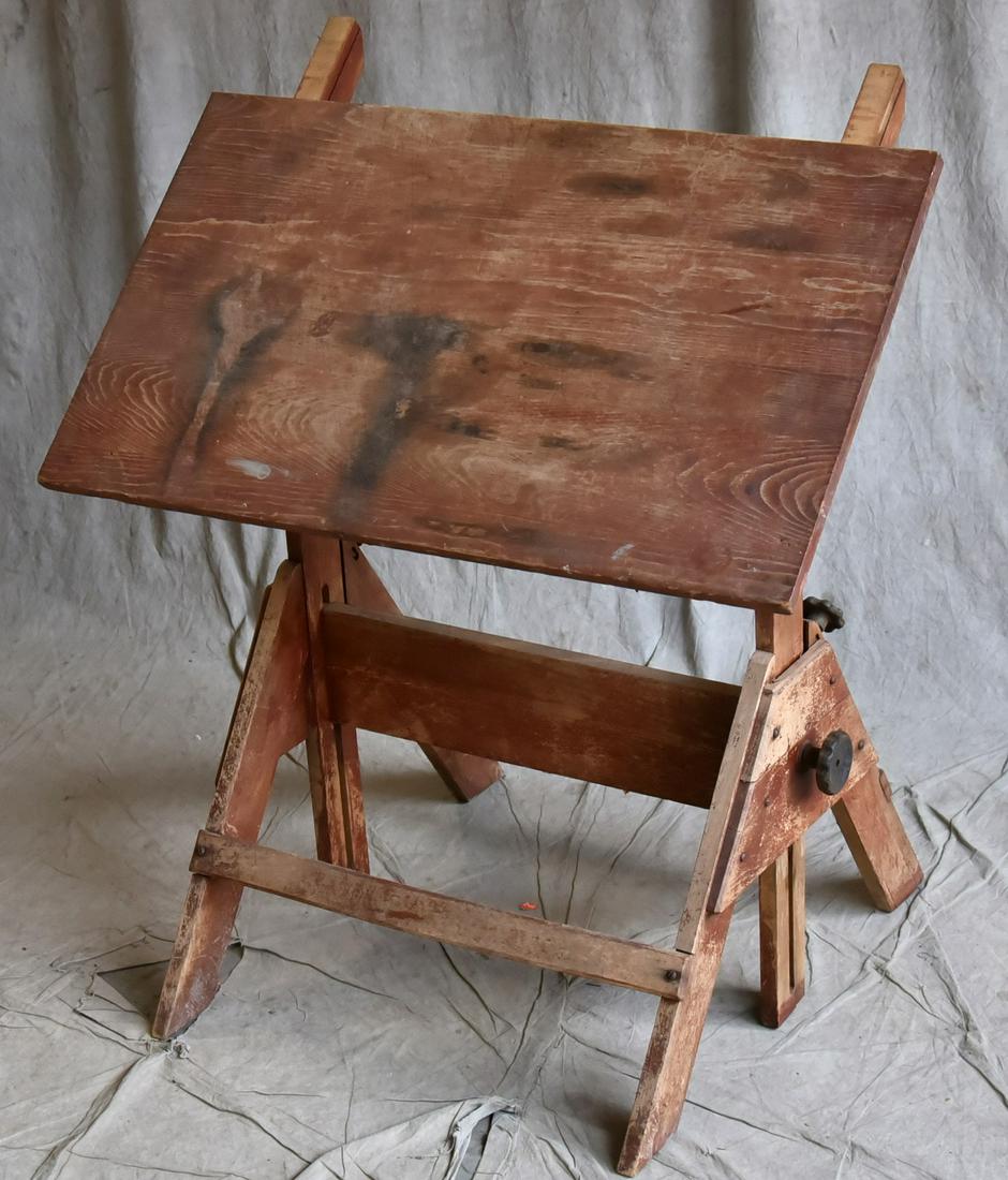 Primitive pine drafting table with adjustable top: Primitive pine drafting table with adjustable top, 31" w x 36" h
