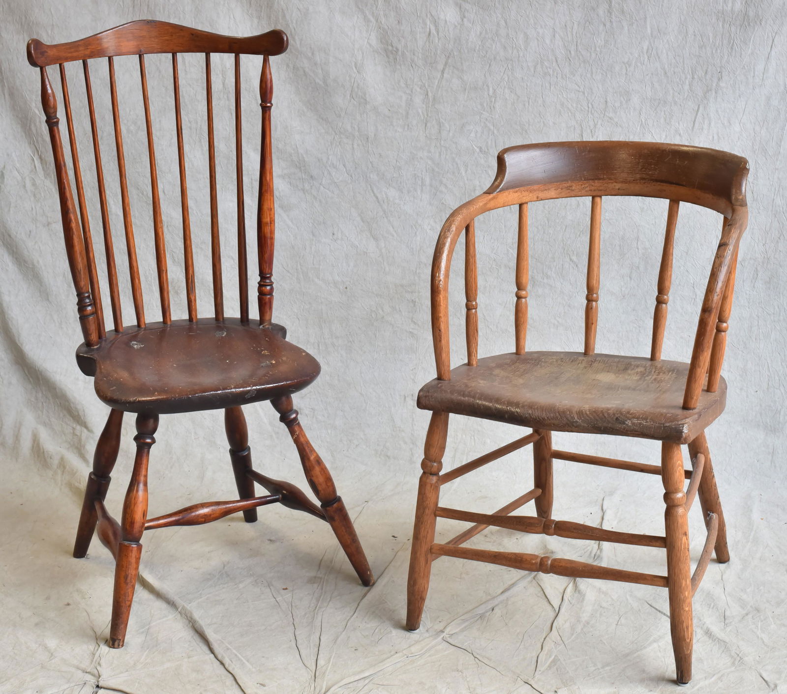7 spindle wingback side chair, barrelback tavern chair: 7 spindle wingback side chair, refinished, unsigned, late 18th c, 39" h, along with barrelback tavern chair