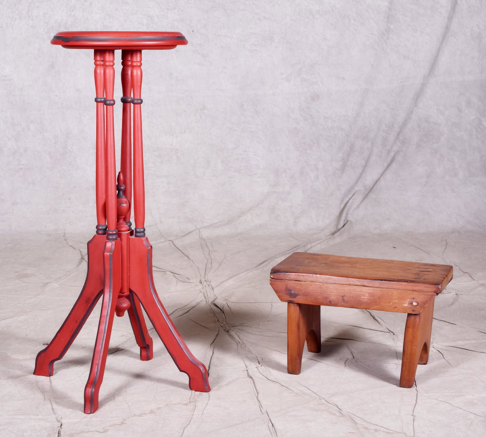 red painted Victorian pedestal, with softwood footstool: red painted Victorian pedestal, with softwood footstool, cut out ends, 29-1/2" h pedestal, stool 8" x 15"