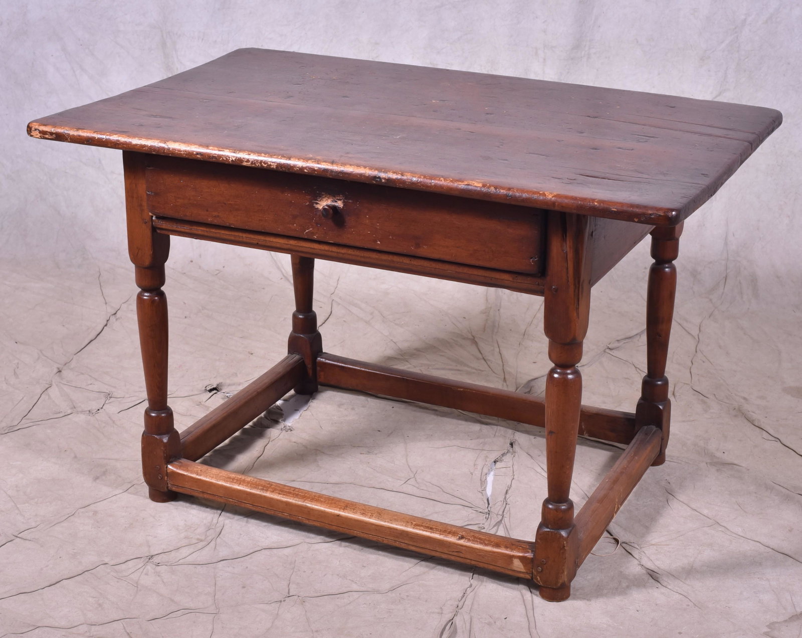 Pine stretcher base farm table, turned legs: Pine stretcher base farm table, turned legs, drawer one 1 end, 37"w x 24-1/2"d x 23"h